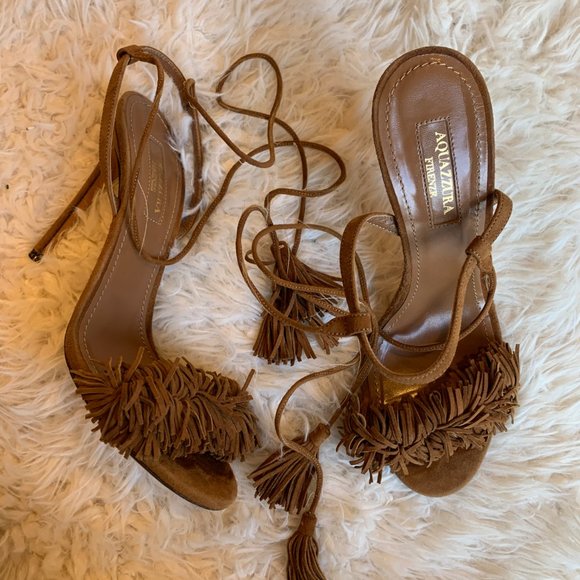 Aquazurra Brown Wild Thing Fringe Sandals Heels - Picture 5 of 14
